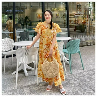 Đầm maxi linen lụa hoa lá màu vàng viền bèo D785