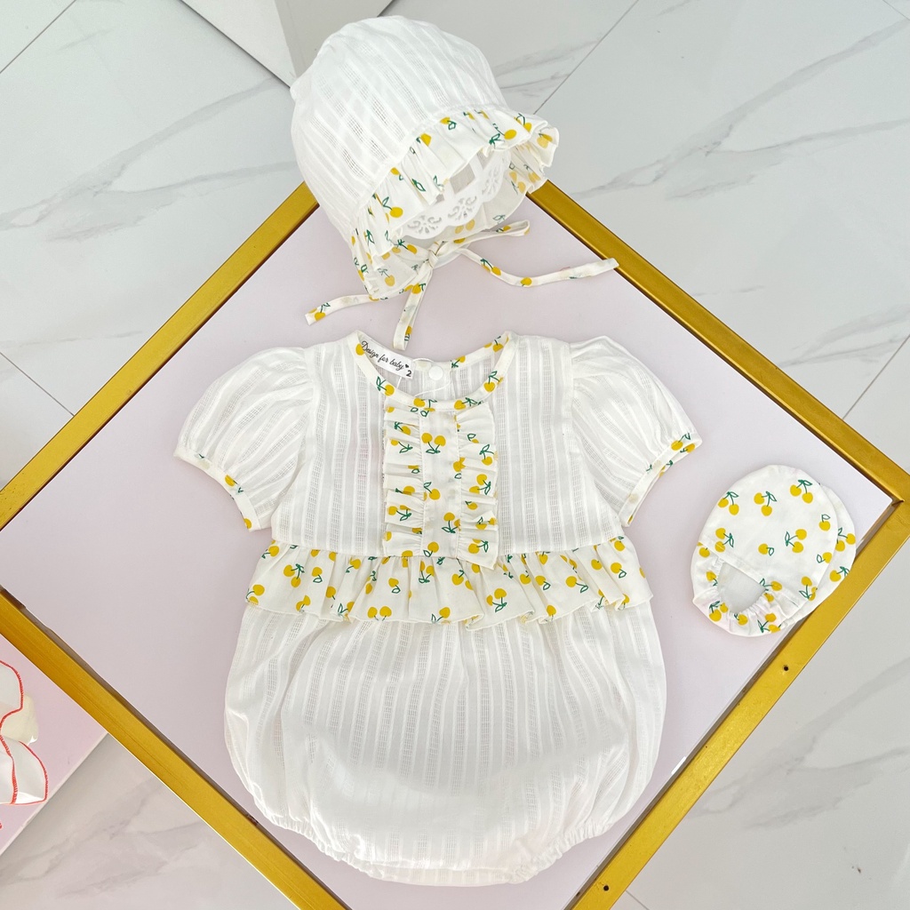 Body sơ sinh bé gái NAU Baby Closet Đồ em bé đầy tháng Thôi nôi Set 3 món cho bé sơ sinh (Body Nón Giày vải) Size 0-24m