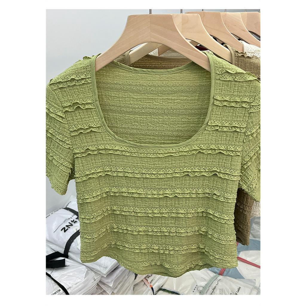 Áo Thun Ngắn Tay Cổ Vuông Phối Ren Thiết Kế Ngọt Ngào Thời Trang Cho Nữ