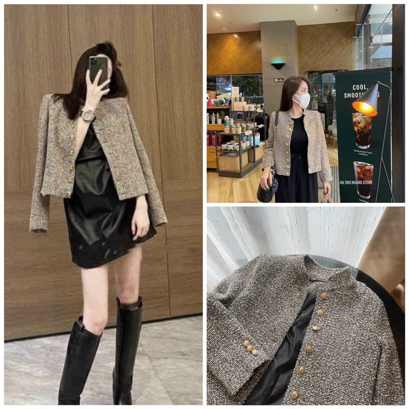 Áo dạ Tweed cổ trụ đệm vai mùa thu đông sang trọng lịch sự