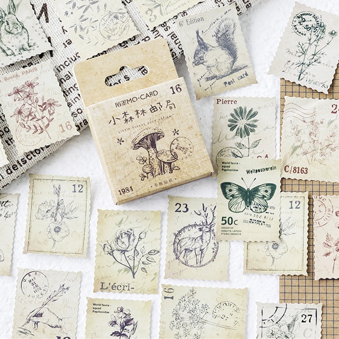 Hộp 46 sticker hình con tem vintage hoa lá QNshop