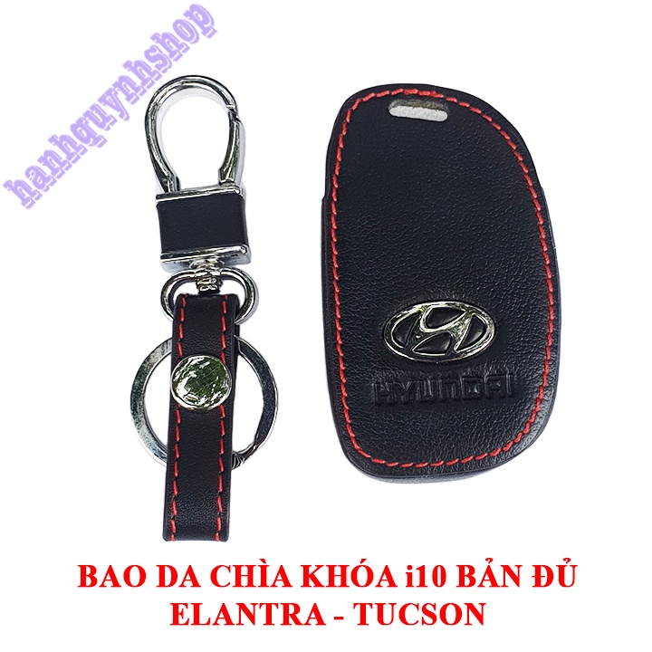 Bao da chìa khóa Hyundai i10 bản đủ, Elantra, Tucson màu đen chỉ đỏ tặng kèm móc
