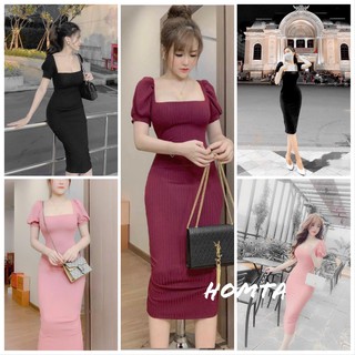 Đầm body tay phồng Cổ vuông