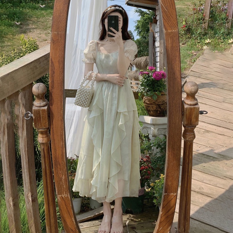 Đầm chiffon Tay Phồng Cổ Vuông Phong Cách retro Pháp Cá Tính