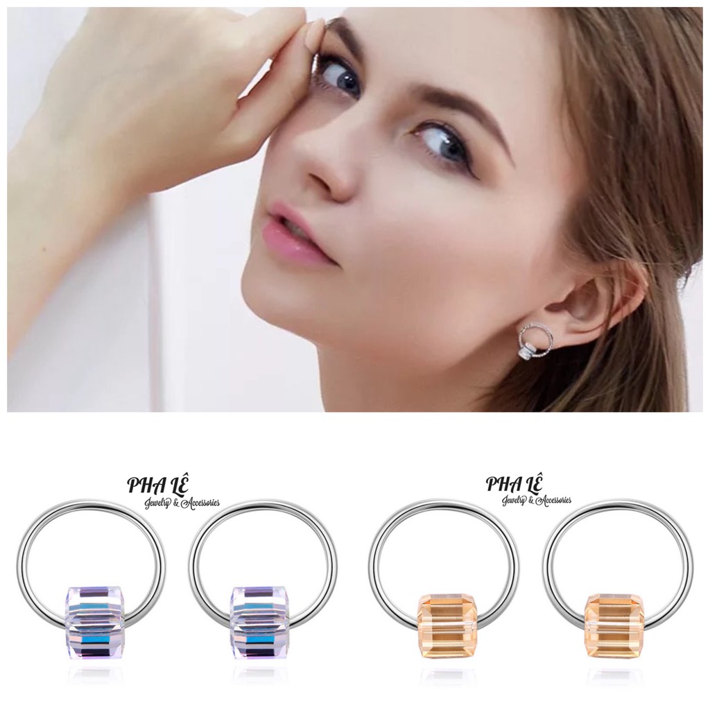 Bông Tai Pha Lê Vuông Vòng Tròn Được Thiết Kế Từ Pha Lê Swarovski Và Bạc S925