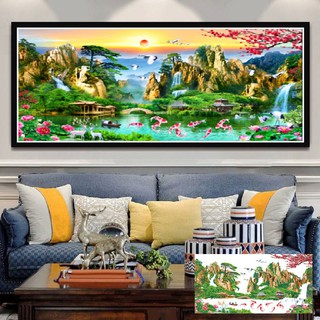 Tranh thêu chữ thập Phong cảnh lưu thủy sinh tài KT:130x60cm