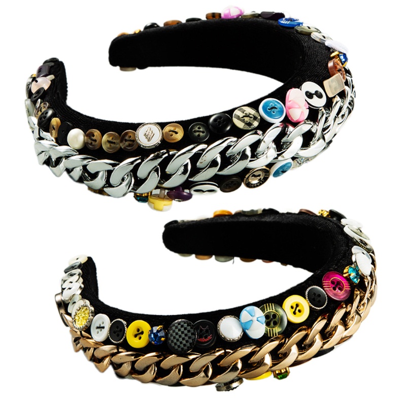 Băng Đô Cài Tóc Xốp Bọc Nhung Đính Nút Kim Loại Nhiều Màu Phong Cách Vintage