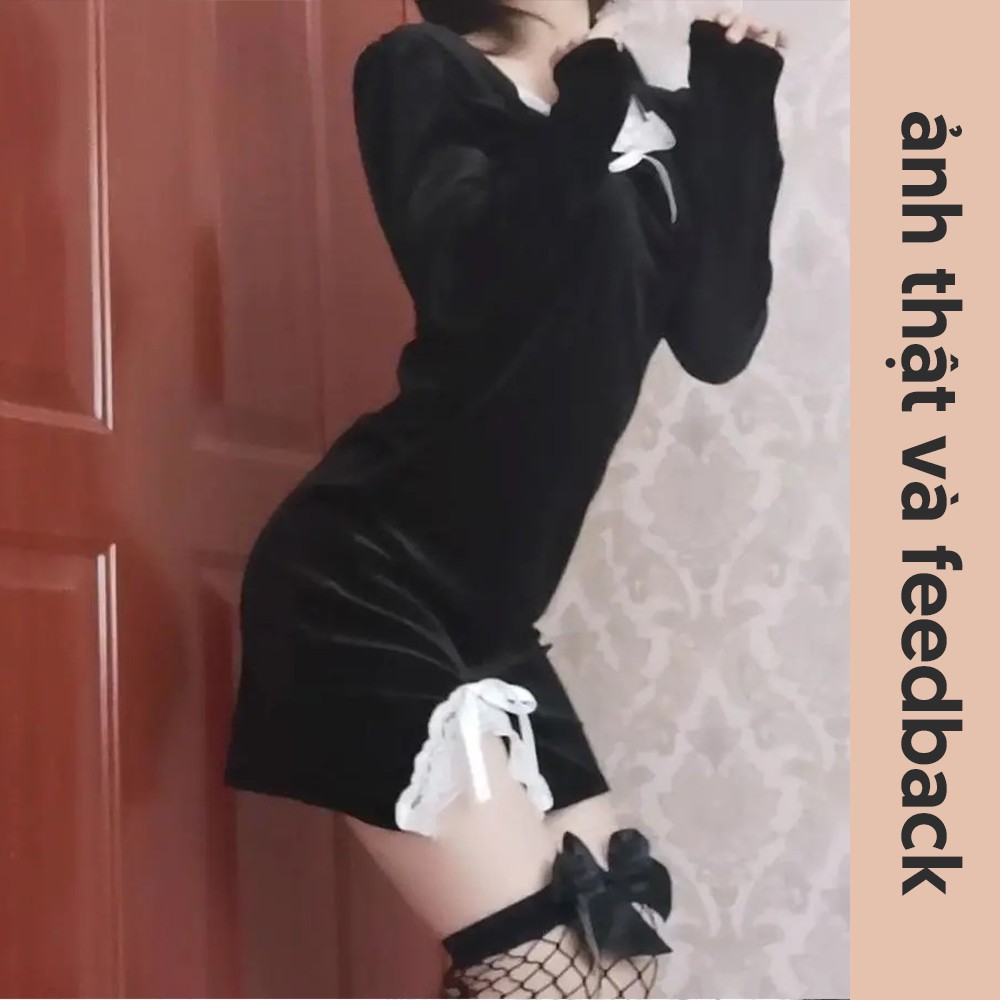 Váy Nhung Đen Huyền Bí Ôm Body Xẻ Tà/ Đầm Cổ Vuông Dài Tay Dáng Ngắn Cổ Điển Sexy V00082 | BigBuy360 - bigbuy360.vn