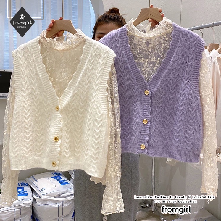 Áo sweater dệt kim cổ chữ v phối ren dễ phối đồ cho nữ