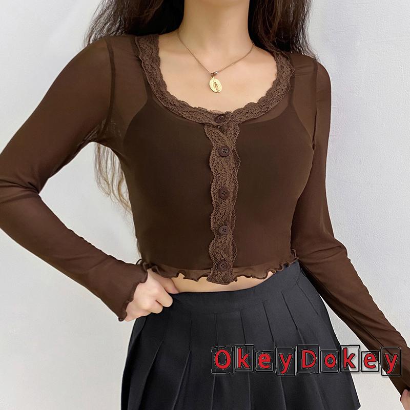 Áo Thun Tay Dài Cổ Tròn Phối Ren Dáng Rộng Xuyên Thấu Thời Trang Dự Tiệc Cho Nữ Y2K