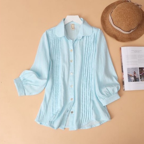 Áo sơ mi linen KACHISA màu xanh nhạt xếp li dọc