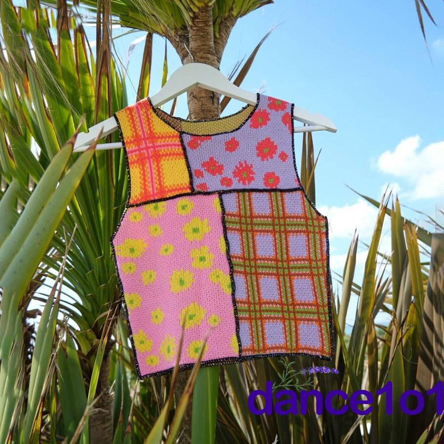 Áo dệt kim cổ tròn hở rốn màu sắc tương phản in họa tiết hoa thời trang cho nữ