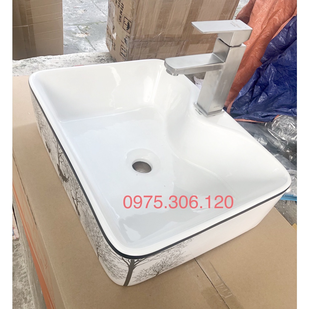 Chậu rửa mặt lavabo Đặt Bàn Đá 8816HV-HOA VĂN CON HƯƠU thương hiệu NA.GRAND, men NANO trắng sáng chống ố chống bám bẩn