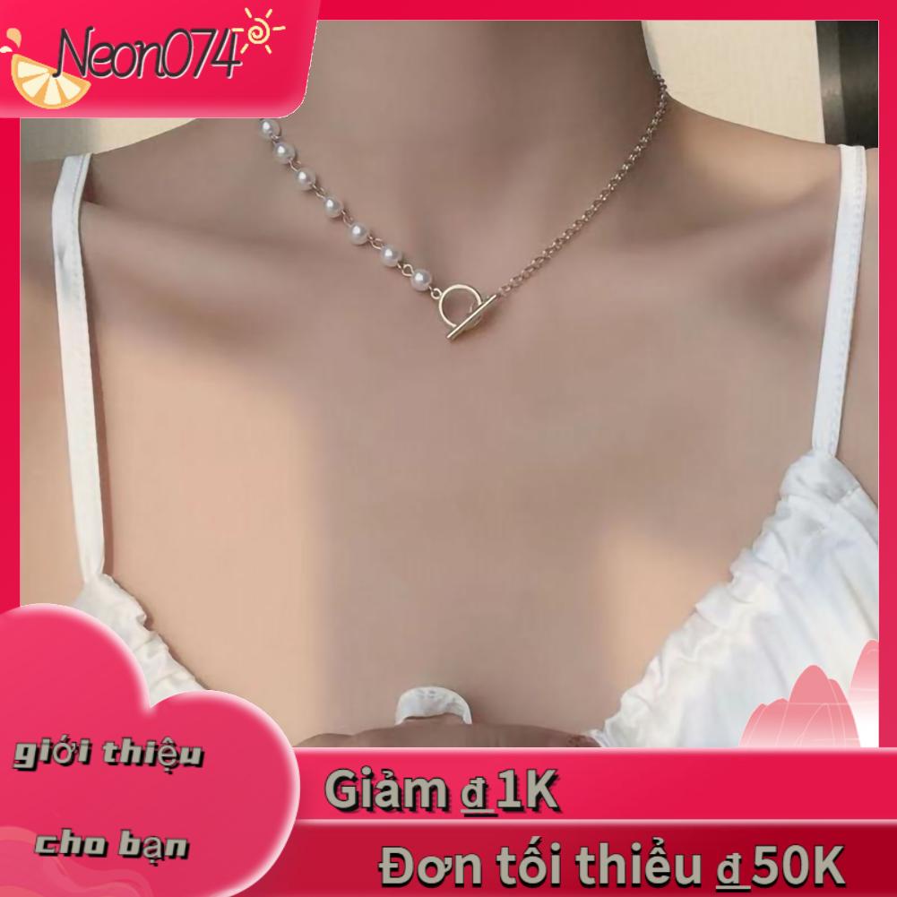 Neon074 Vòng cổ ngọc trai Phong cách đơn giản không đối xứng OT Clasp kim loại choker cho nữ vàng