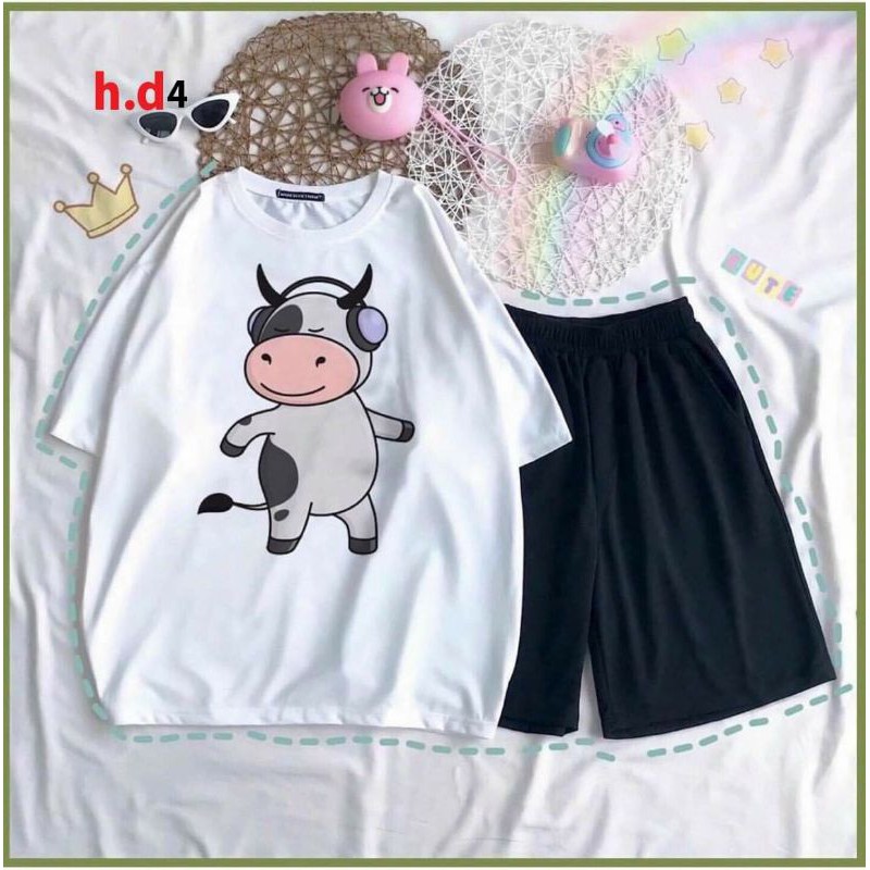 [Sẵn] SÉT Đồ bộ Nam nữ  Áo Bò Sữa Kute + quần short; set áo thun tay lỡ +quần đùi Unisex phong cách Ullzzang Hàn Quốc