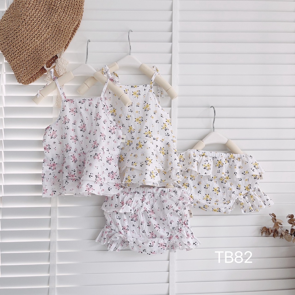 Set áo 2 dây kèm quần đùi siêu xinh họa tiết hoa nhí cho bé gái, vải thô mềm, thoáng mát size 6 - 15 kg
