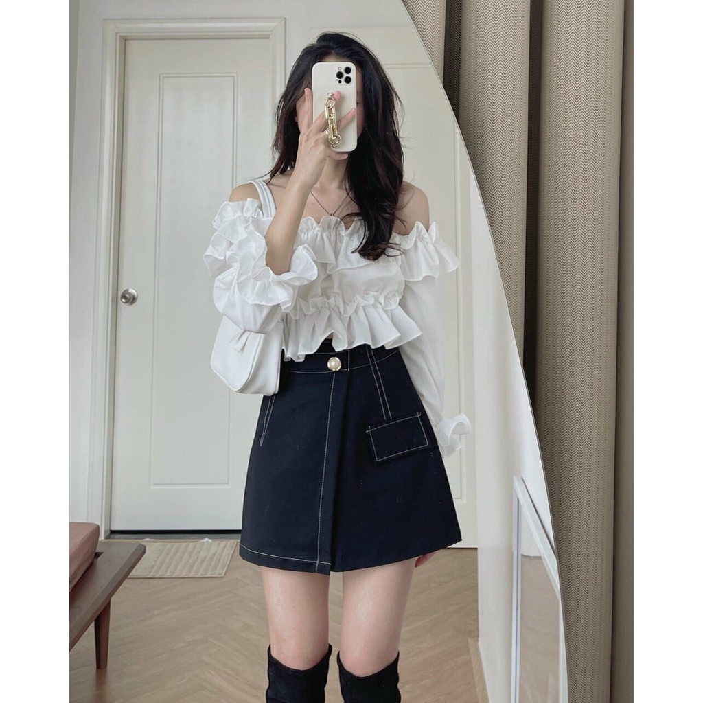 Set Đồ T gồm chân váy chỉ nổi và áo trắng trễ vai tay áo thiết kế xếp tầng bo chun điệu đà form chuẩn ZADOLA FASHION