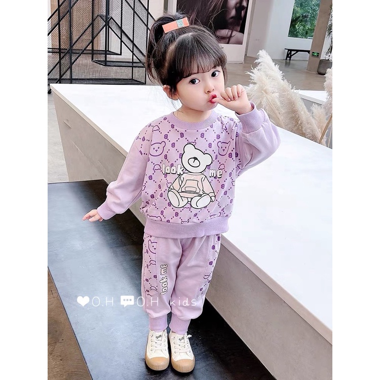 Bộ dài tay cho bé cotton thu đông, co dãn 4 chiều cho bé gái hình Gấu K034