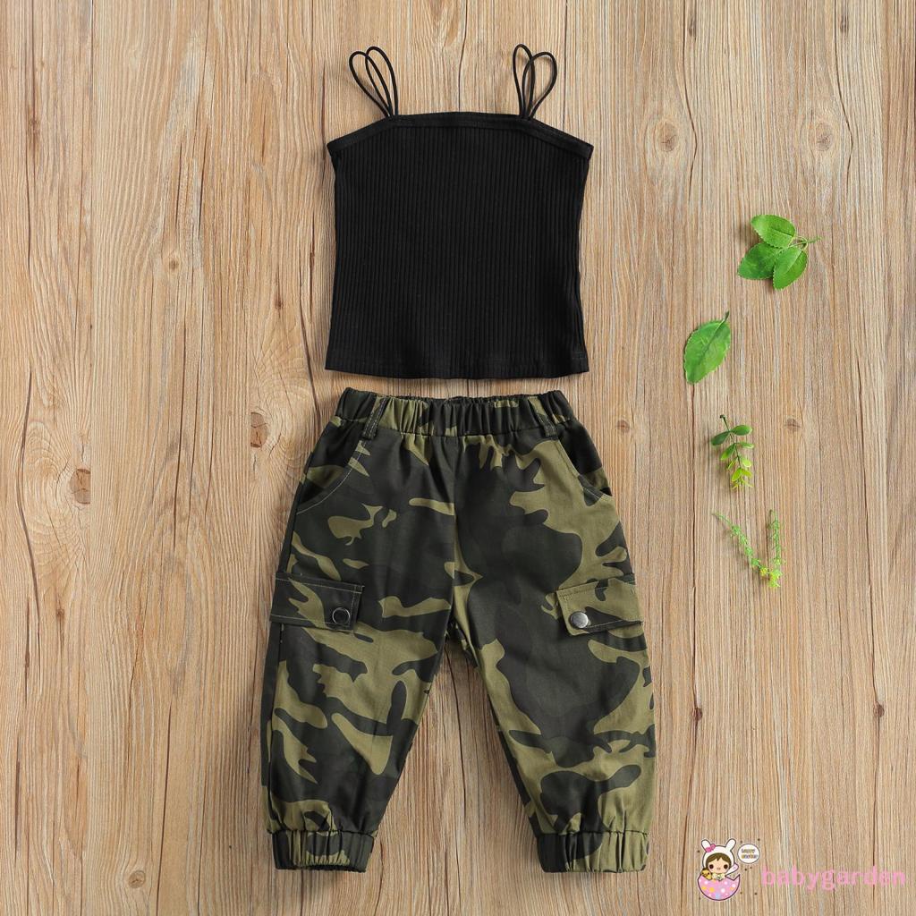 Bộ Đồ Thời Trang 2 Món Áo Không Tay + Quần Họa Tiết Rằn Ri + Thắt Lưng Cho Bé Gái 2-7 Tuổi