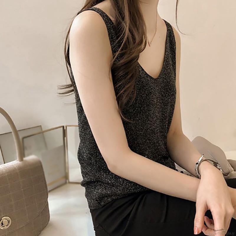 Áo Tank Top cổ chữ V dáng rộng đính kim sa lấp lánh cho nữ