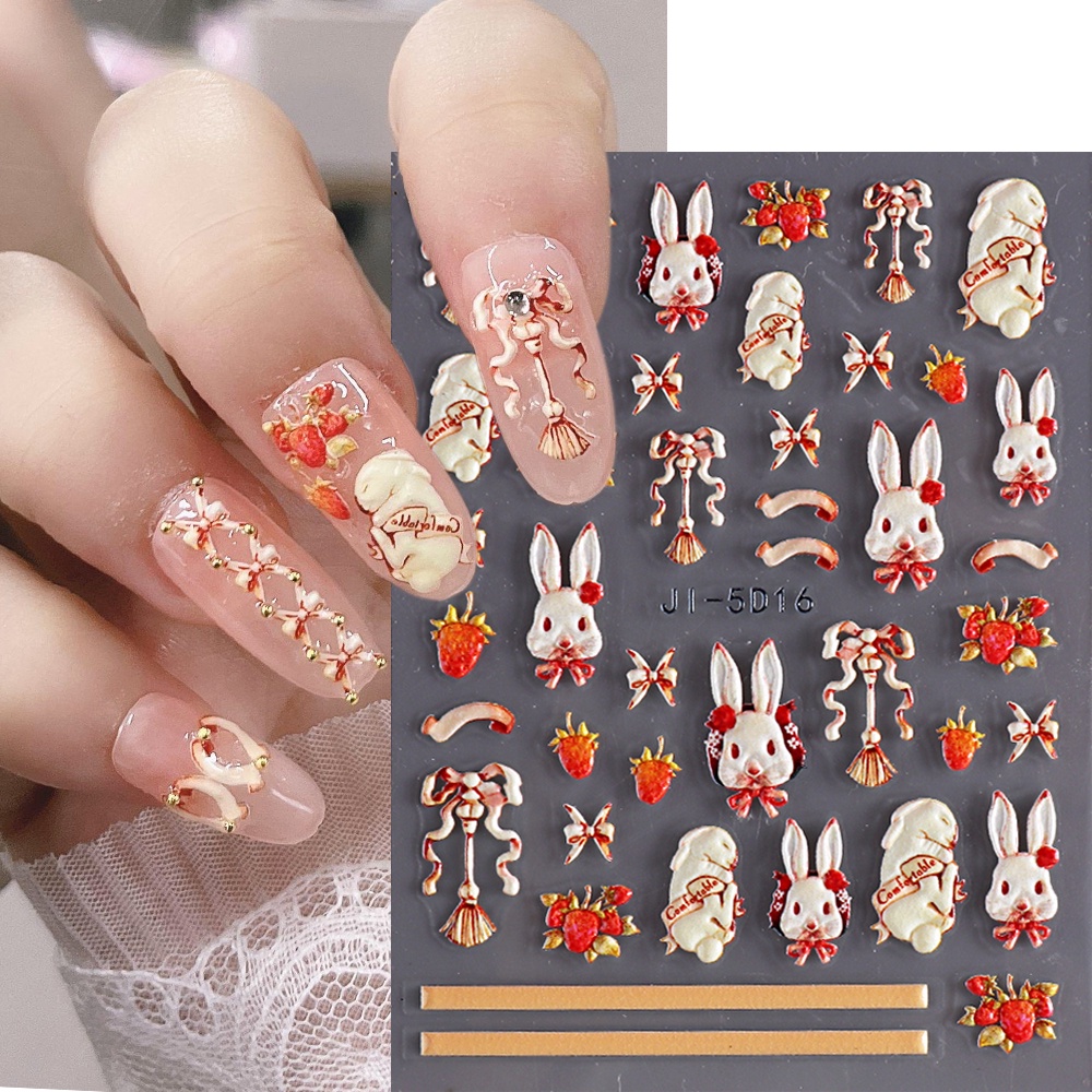 Miếng Dán Trang Trí Móng Tay Họa Tiết Thỏ Dâu Tây Dập Nổi 5D Dễ Thương