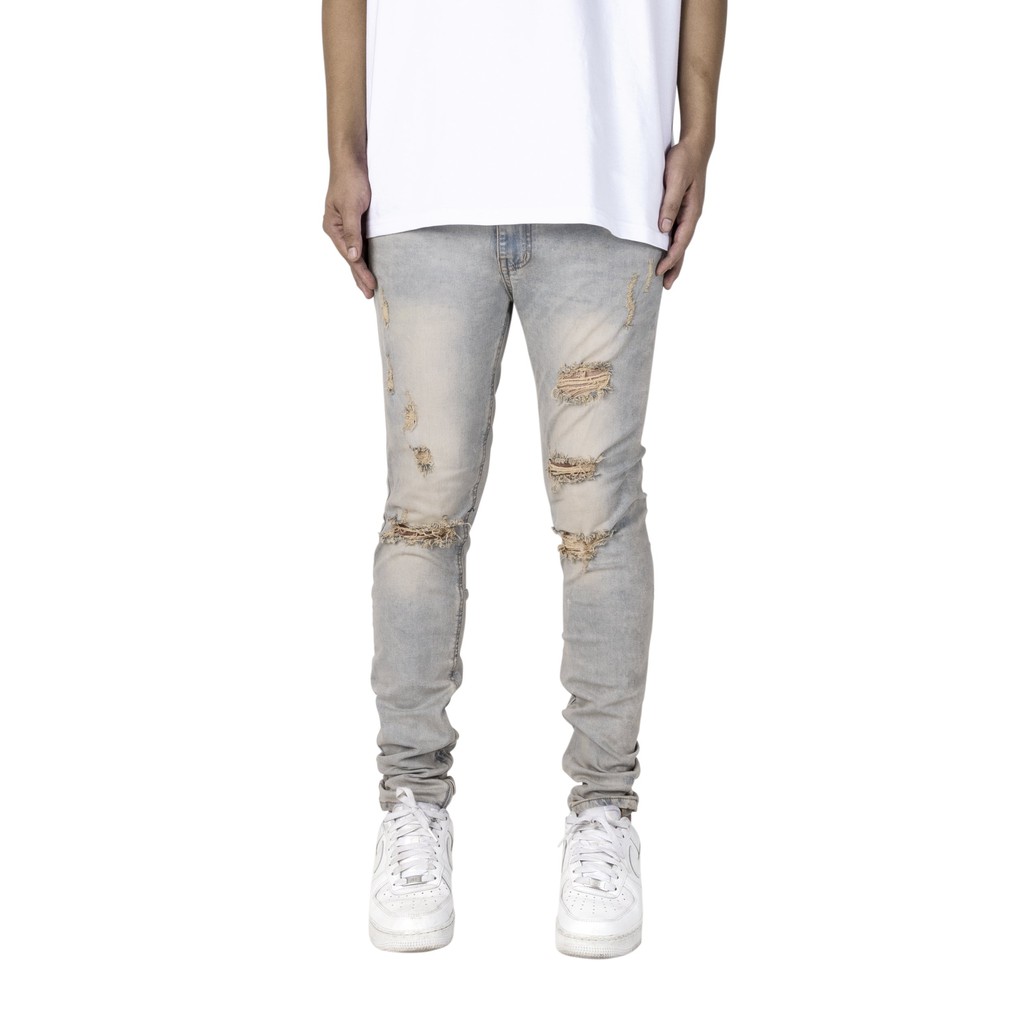 Quần jean nam streetwear cao cấp FNOS Z17 màu xanh wash bụi form slimfit có zip jean co giãn