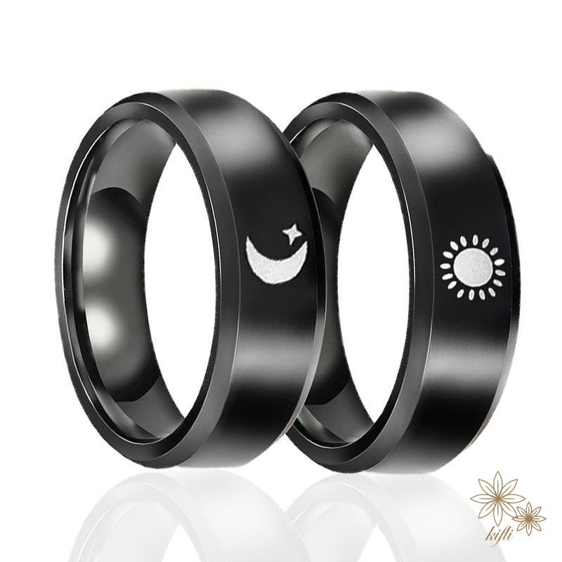 Nhẫn Thép Không Gỉ Màu Đen Họa Tiết Mặt Trăng / Mặt Trời Thời Trang Cho Cặp Đôi