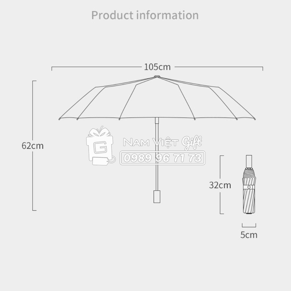 Ô Dù Chống Nắng Che Mưa Cản UV Tự Động Đóng Mở Khung 12 Xương