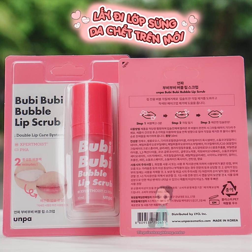 Gel Tẩy Tế Bào Chết Sủi Bọt Cho Môi Unpa Bubi Bubi Bubble Lip Scrub 10ml