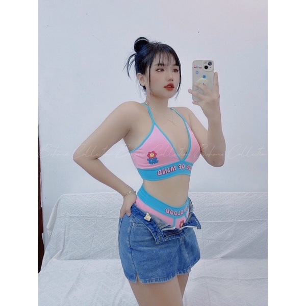 Bikini hồng viền xanh bông hoa siêu dethuong - CarotShop