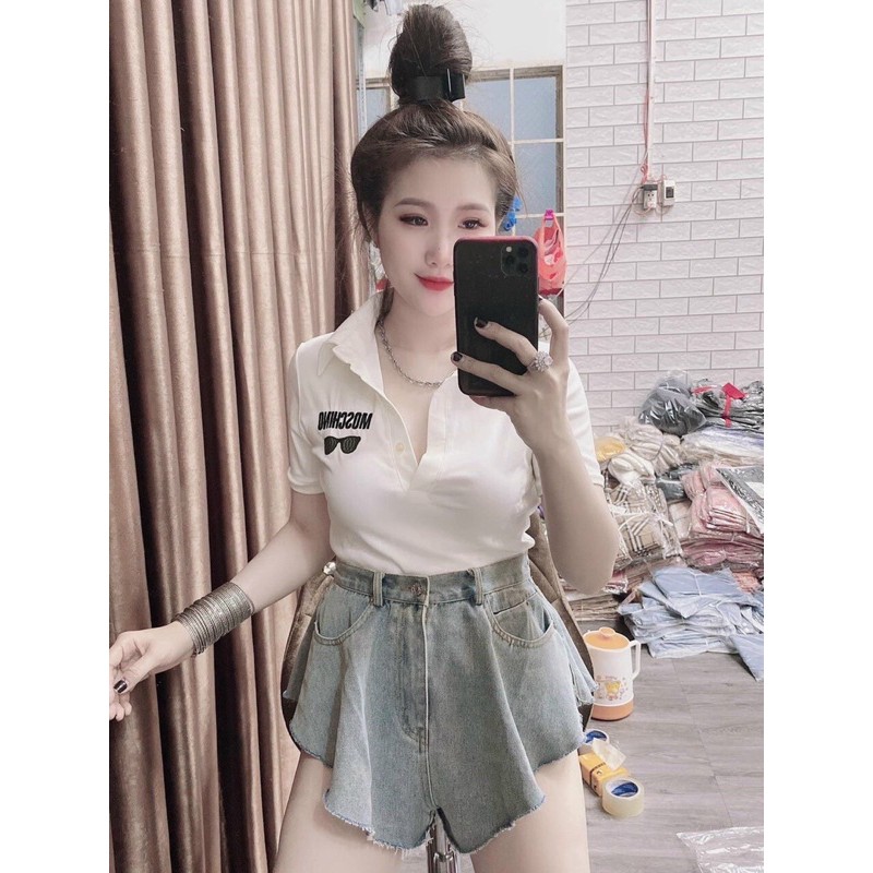 Áo thun body có cổ thêu chữ và kính kèm ảnh thật | BigBuy360 - bigbuy360.vn