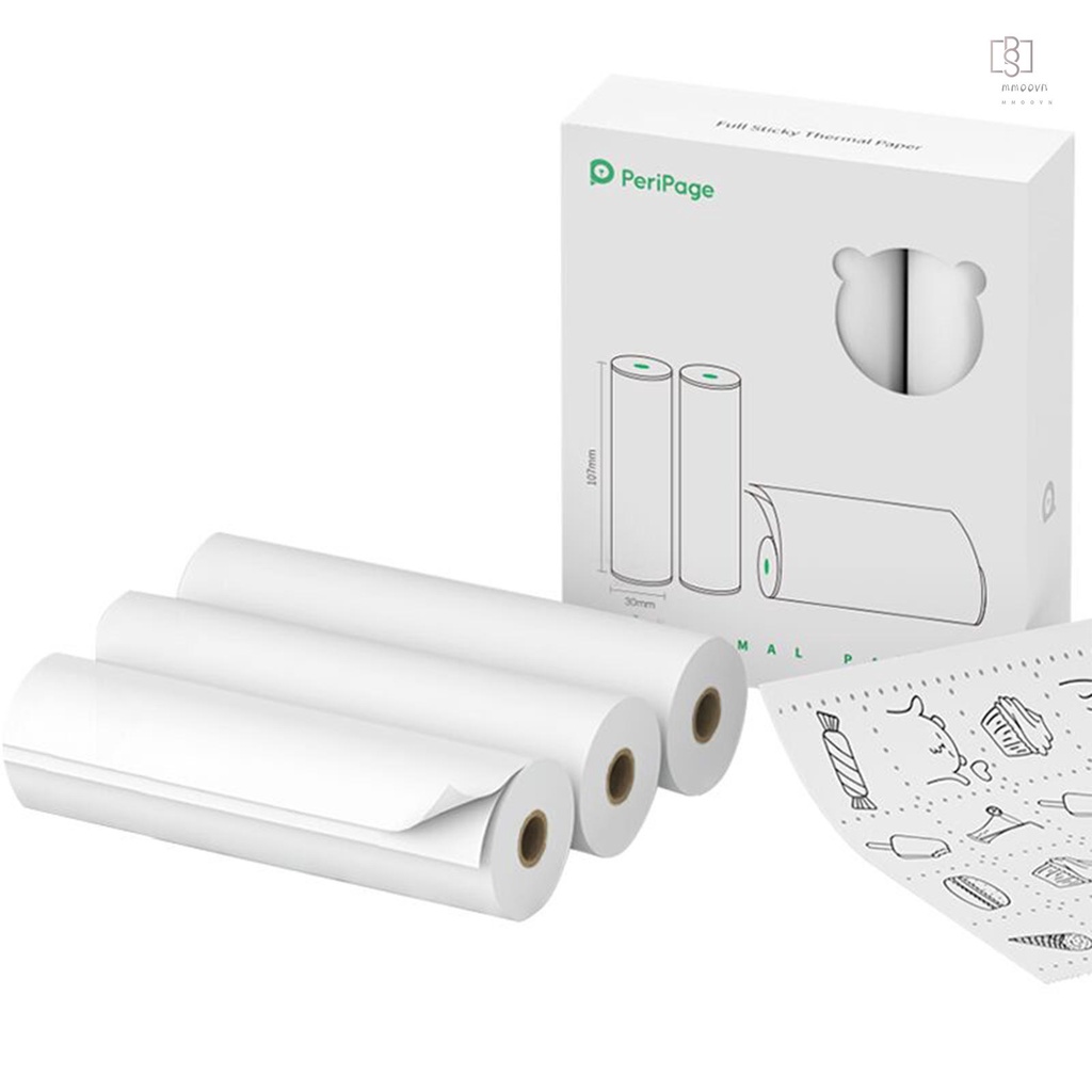Cuộn giấy dán nhiệt 107x30mm không dính BPA chống nước chống dầu mini BT 3 cuộn cho máy in PeriPage A9 Max/A9s Max