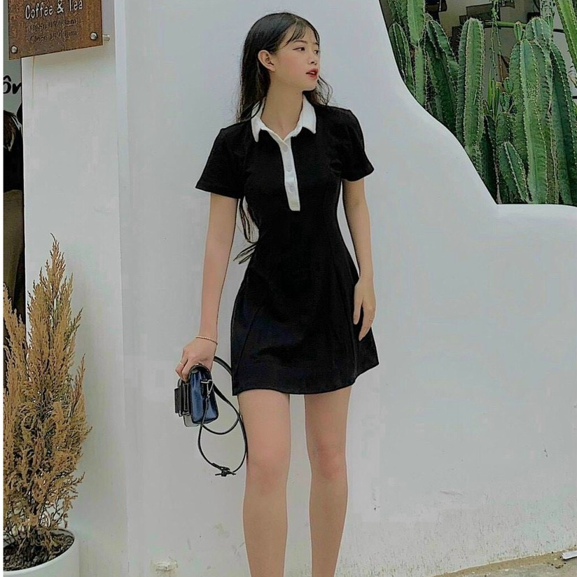 Đầm Polo Nữ Đen Dáng Ôm 🦋 Váy Nữ Cổ Phối Chất Borip Dáng ngắn 🦋 | BigBuy360 - bigbuy360.vn