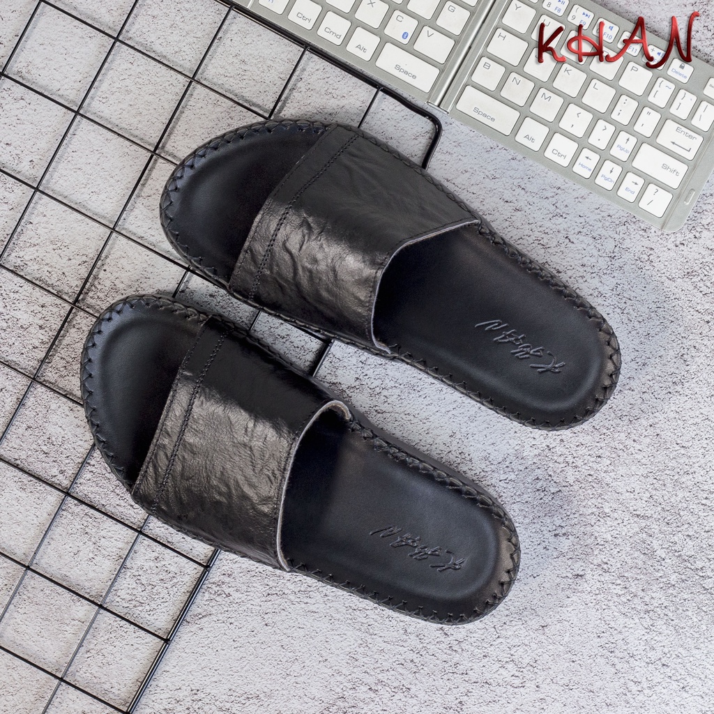 Dép Nam quai ngang , quai ngang trơn da bò cao cấp A-02 màu đen