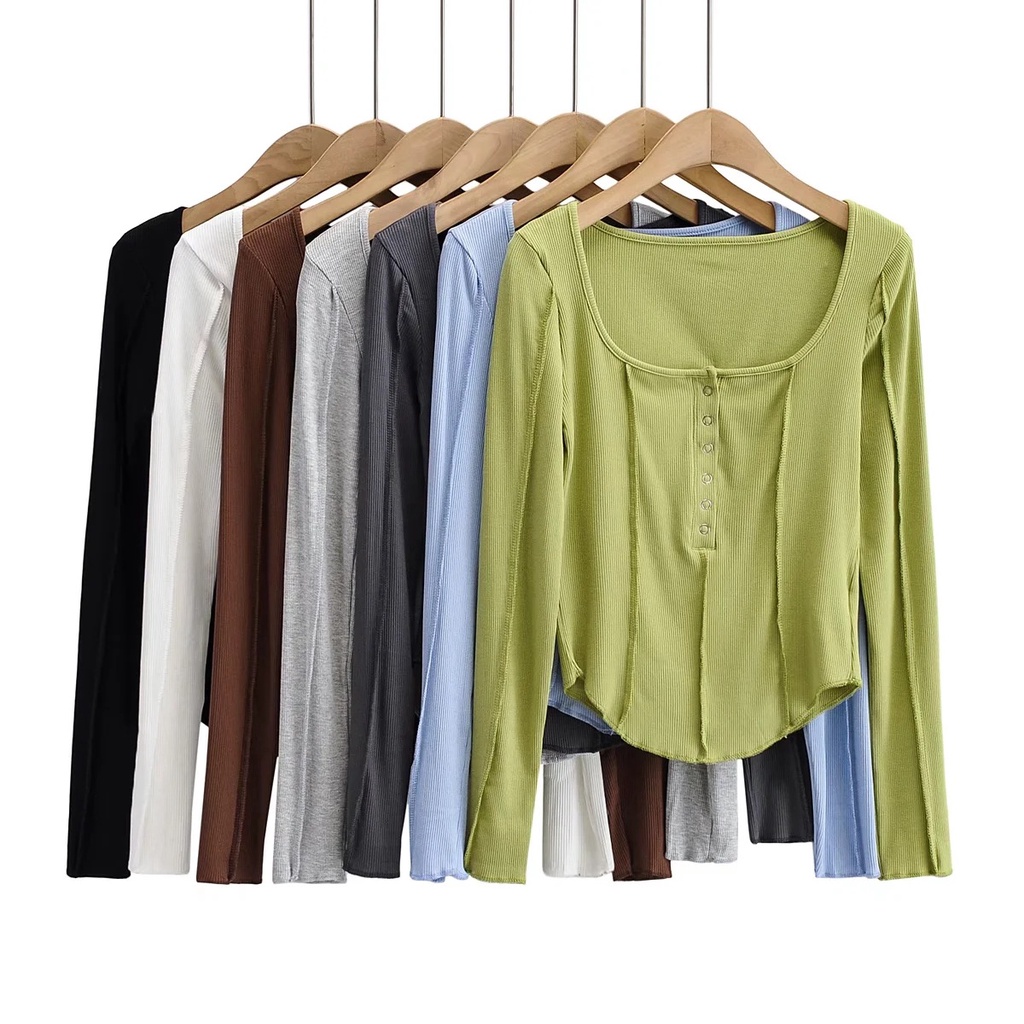 DUNEA Áo Thun Dài Tay Cổ Vuông Phối Hàng Nút Gợi Cảm Cho Nữ