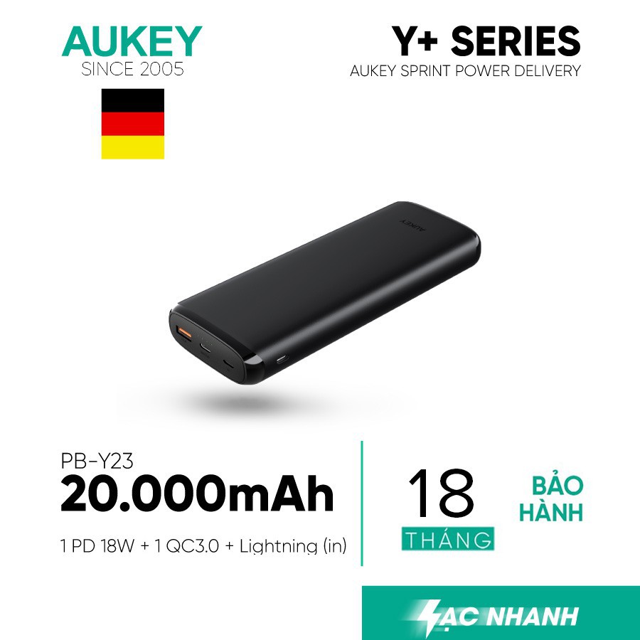 ♛Pin Dự Phòng 20000mAh AUKEY PB-Y23, QC 3.0, PD 18W, Cổng Lightning In 18W