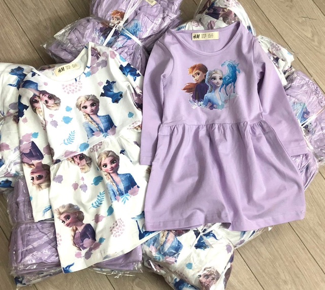 Váy cotton dài tay Elsa tím HM 1-10Y (có ảnh thật)