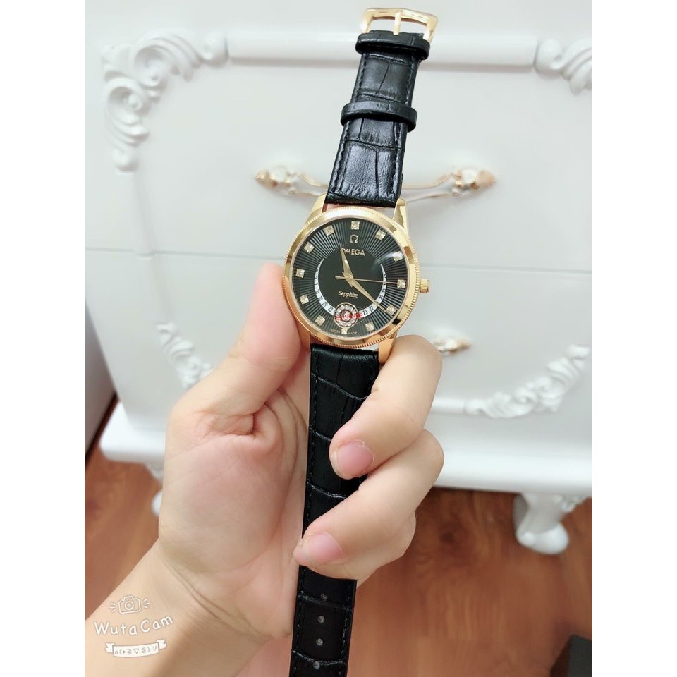 Đồng hồ Omega Nam nữ dây da thời thượng máy nhật  mặt saphire chống xước