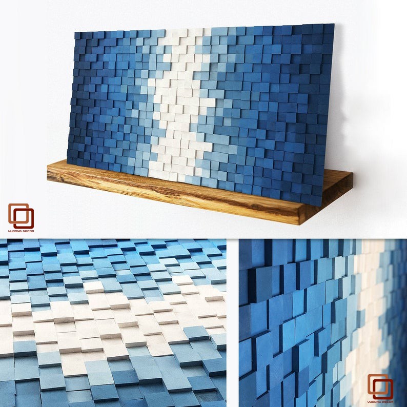 [Mã LIFEXANH03 giảm 10% đơn 500K] Tranh gỗ trang trí 3D tone XANH TRỜI (Wood mosaic) - (KÍCH THƯỚC 40X60, 60X80cm)