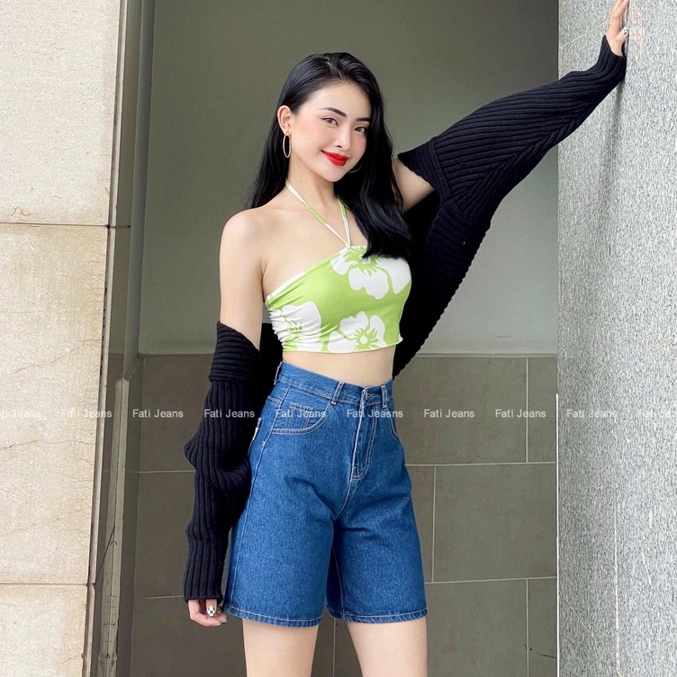 Quần ngố jean nữ trơn ống rộng lưng cao phong cách ulzzang