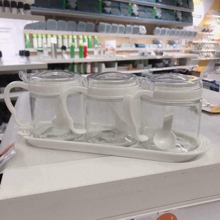 Set 3 lọ thuỷ tinh đựng gia vị IKEA - kèm khay đựng và 3 muỗng