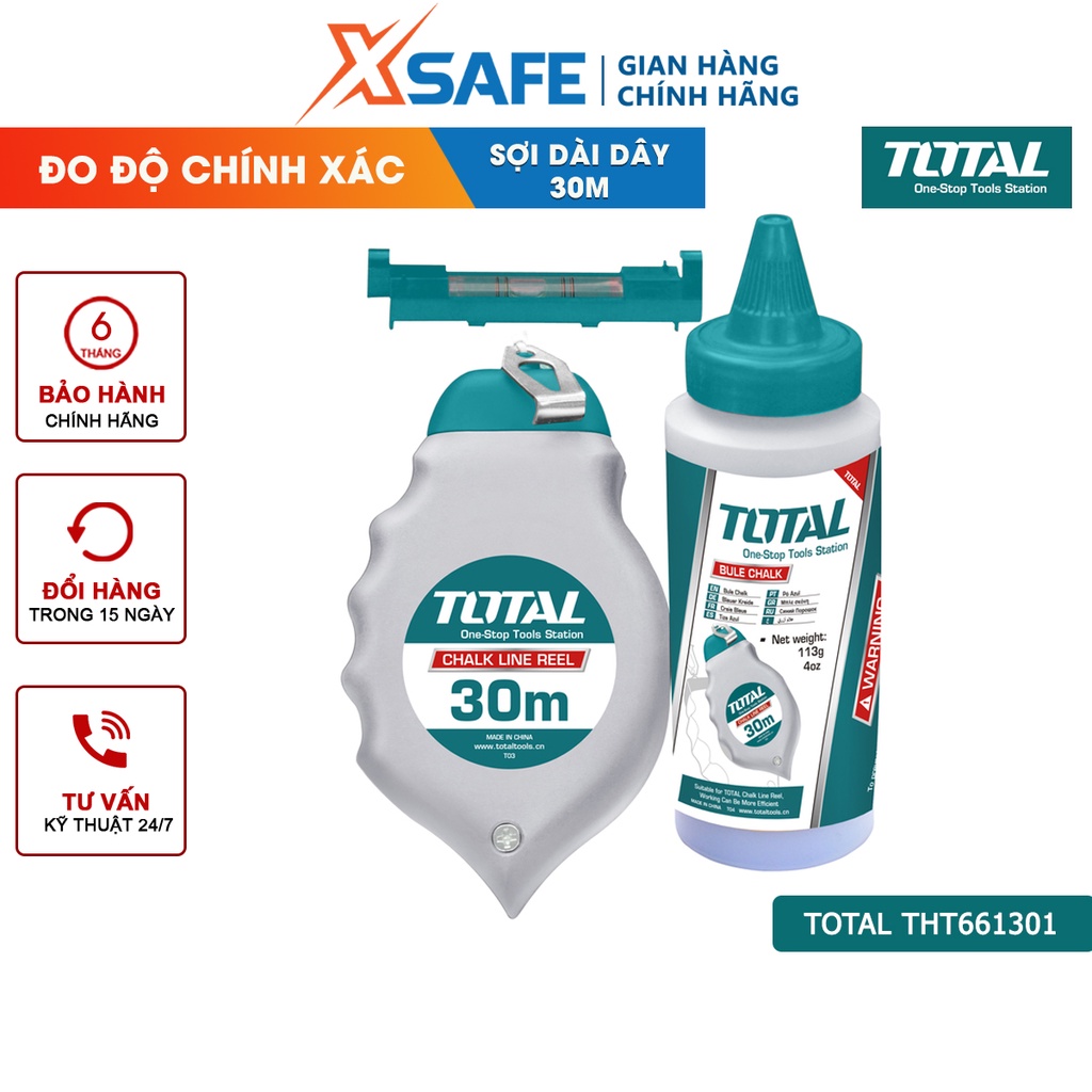 Thước búng mực bật mực TOTAL THT661301 30m, phấn vẽ đường thẳng dễ dàng tẩy xóa, tốc độ tua nhanh tặng kèm 1 thước đo