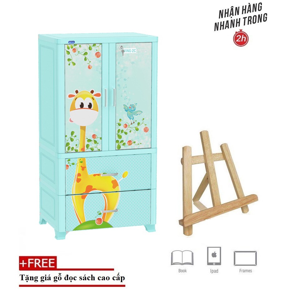 Tủ Nhựa Treo Quần Áo Duy Tân WING-2C-2N 70 X 50 X 135 Cm (Xanh Dương)- TẶNG KÈM 1 GIÁ GỖ ĐỌC SÁCH, IPAD