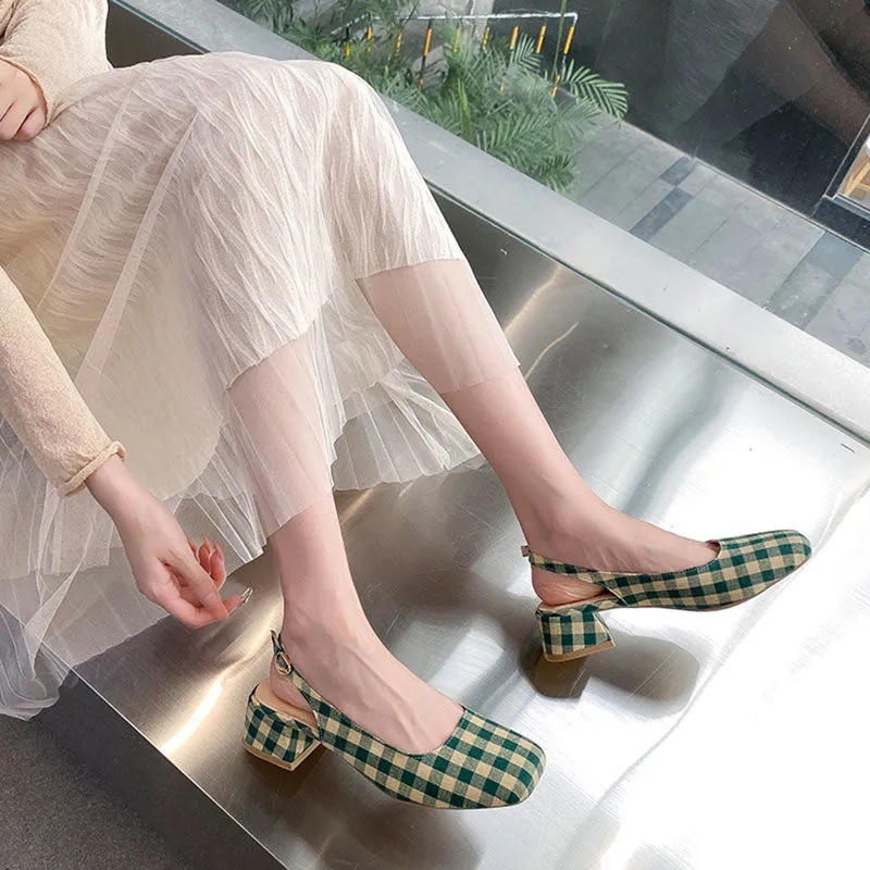 MURIOKI Xăng đan Mũi Vuông Màu Xanh Lá Phong Cách retro Cho Nữ