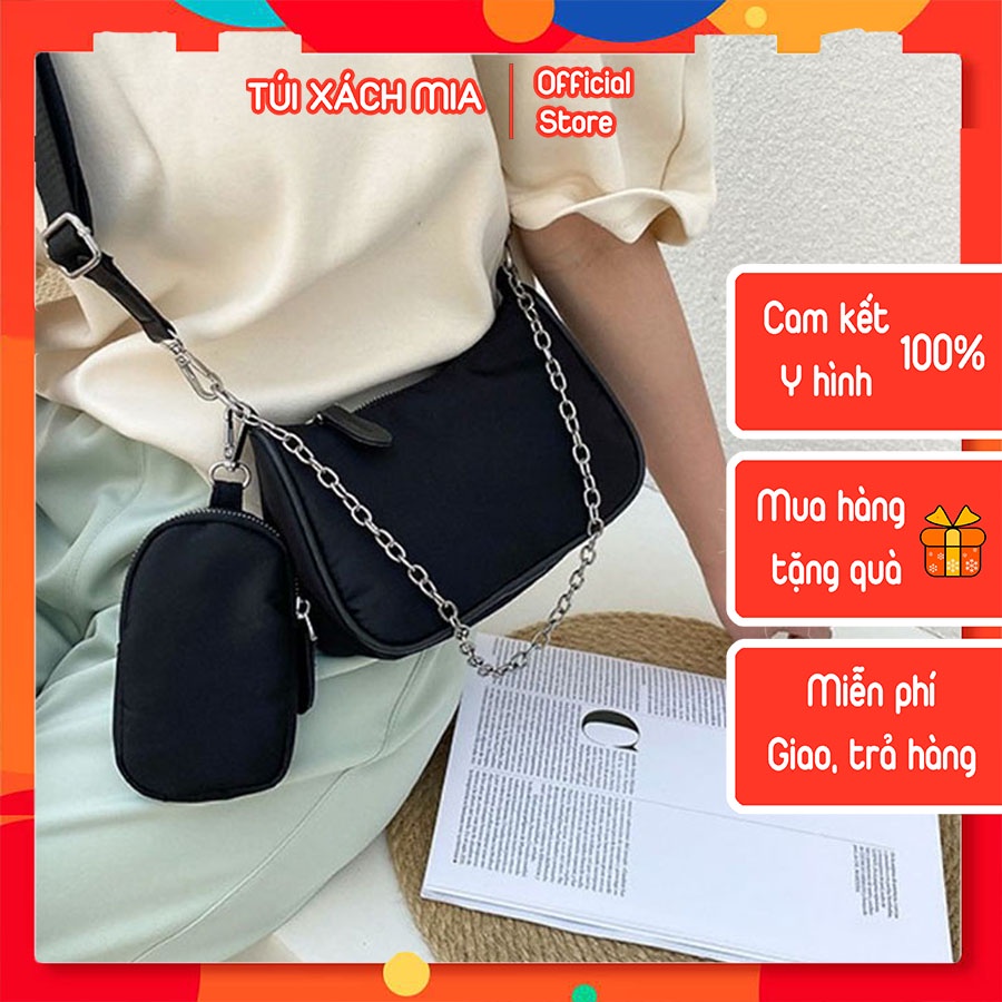 Túi Xách Nữ Đeo Chéo Đi Làm Đi Học Đi Chơi Set 2 Túi Có Dây Xích Dây Đeo Tháo Dời Màu Đen Chất Da Và Chất Vải Mịn KN30
