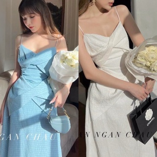 Đầm xốp 2 dây xoắn ngực, đầm váy ôm suông dài trắng xanh biển, thời trang hot girl đi chơi dự tiệc dạo phố dễ thương
