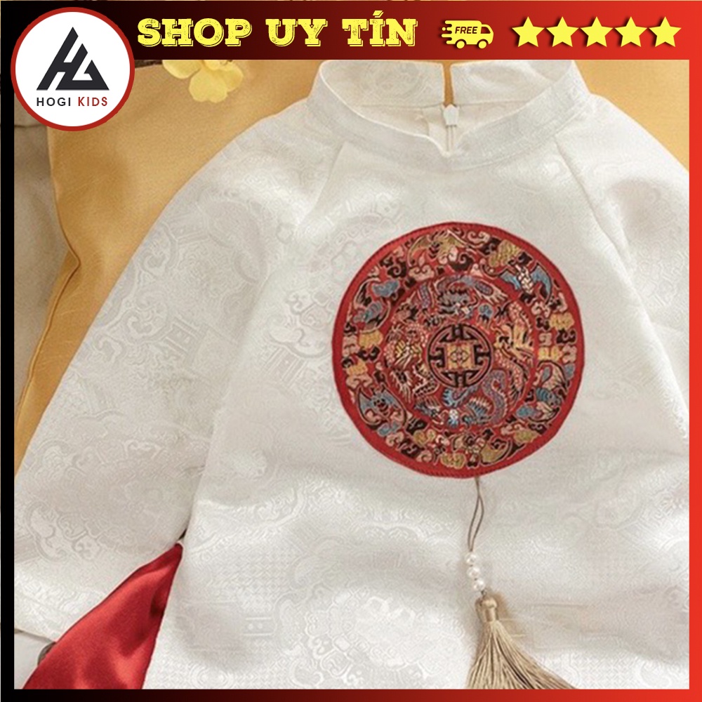 Áo dài cách tân Hogi cho bé gái vải gấm trắng phối váy vàng, áo tết cho trẻ em full size - Hogi clothing
