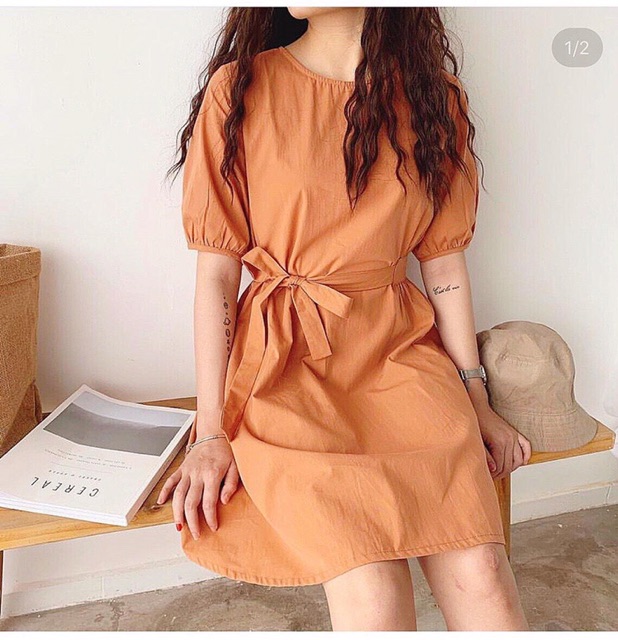 Váy xoè đũi trơn ngắn thắt nơ eo