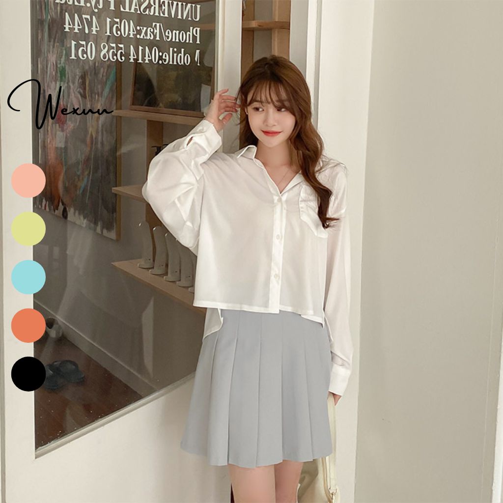 Áo sơ mi nữ dài tay Wexuu Design dáng croptop form rộng túi ngực chất vải mềm mát ít nhăn- SK01