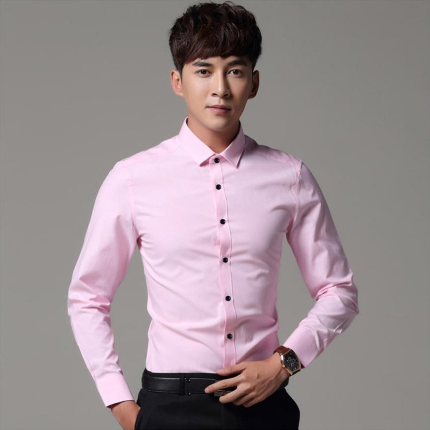 Áo sơ mi nam công sở dài tay Canivas màu hồng nhạt vải lụa trơn không nhăn form ôm vừa Hàn Quốc
